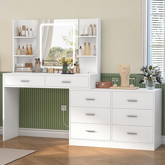 Vanity Makeup Desk with LED Light Mirror & Power Outlet, 8 Drawers, 6 Storage Shelves, 3 Color Modes & Adjustable Brightness Dressing Table, Corner Vanity, L Shape Change, 39.4”Desk, White