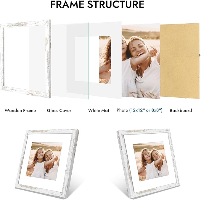 12x12 Picture Frame with Real Glass - 8x8 Wooden Frame with Mat, Horizontal and Vertical Display for Wall or Tabletop (Distressed White, 1 Pack)