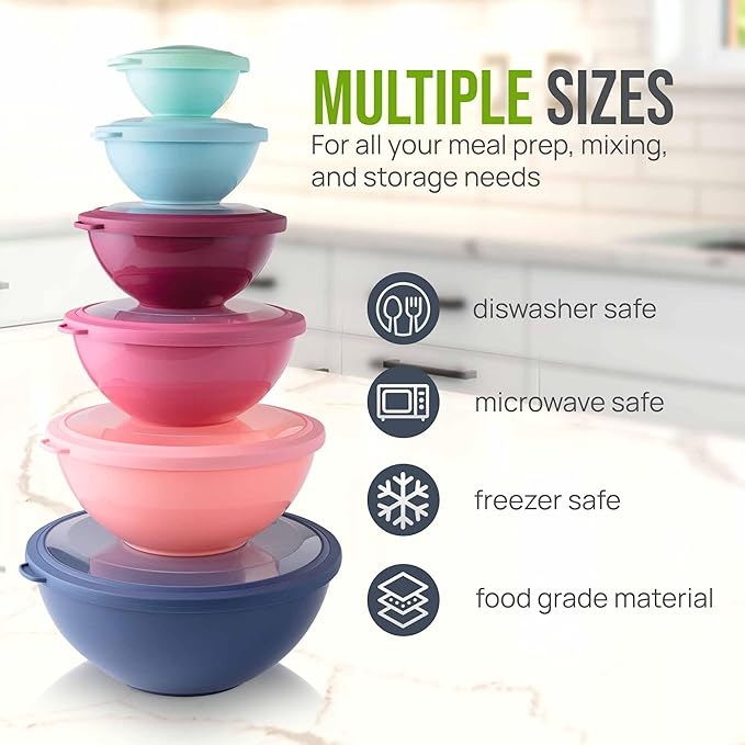 Zulay Kitchen 12 Piece Plastic Mixing Bowls with Leak-Proof Lids Set - Microwave and Freezer Safe Kitchen Mixing Bowls for Preparing, Serving and Storing - Large Nesting Bowls (Cotton Candy Ombre)