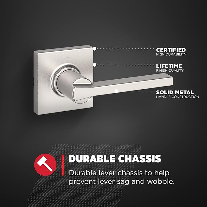 Kwikset Casey Interior Passage Door Handle, Lever for Closet and Hallway Doors, Reversible Non-Locking Handle Lever, Satin Nickel, with Microban Protection (Pack of 4)
