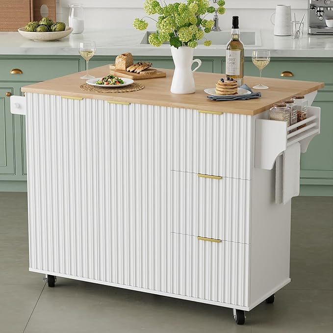 win2win Rolling Kitchen Island with Storage, Portable Kitchen Island with Drop Leaf Breakfast Bar, Modern Farmhouse Kitchen Cart on Wheels with Fluted Design, Towel Rack, Spice Rack, White