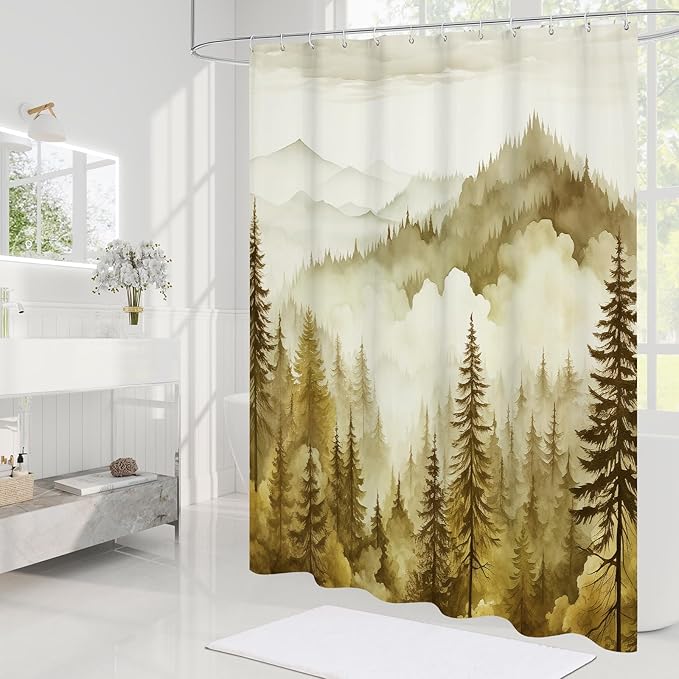 Yellow Small Stall Misty Pine Forest Shower Curtain 36 x 72, Mountain Foggy Woodland Scenery Tree Narrow Half Size Shower Curtains for Bathroom, Abstract Waterproof Nature-Themed Decor
