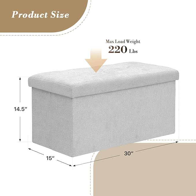 Athena Collection Linen Ottoman with Storage, 30 Inches Large Storage Ottoman Bench with 90L Storage, End of Bed Bench Foot Rest for Living Room, Bedroom, Entry, Light Grey