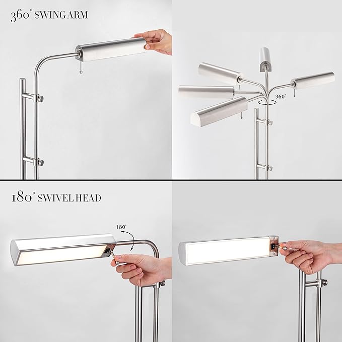 O'Bright Cedric Adjustable Pharmacy Floor Lamp - Industrial Design for Reading, Crafting, Work - 10W LED, Height 45-61 inches - Ideal for Living Room, Bedside, Office - Brushed Nickel