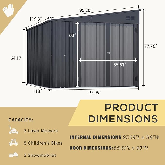 AECOJOY Shed Lean to Storage Shed, Large Outdoor 8' x 10' Metal Wall Side Bike Shed & Outdoor Storage, Garden Storage Cabinet for Backayrd, Patio and Outdoor Use in Dark Grey