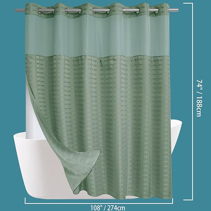 Conbo Mio Extra Wide No Hook Sage Green Shower Curtain with Snap in Liner Set, 108" x 74" Hotel Luxury Shower Curtains for Bathroom with See Through Top Window, Waterproof, Washable 108W x 74H