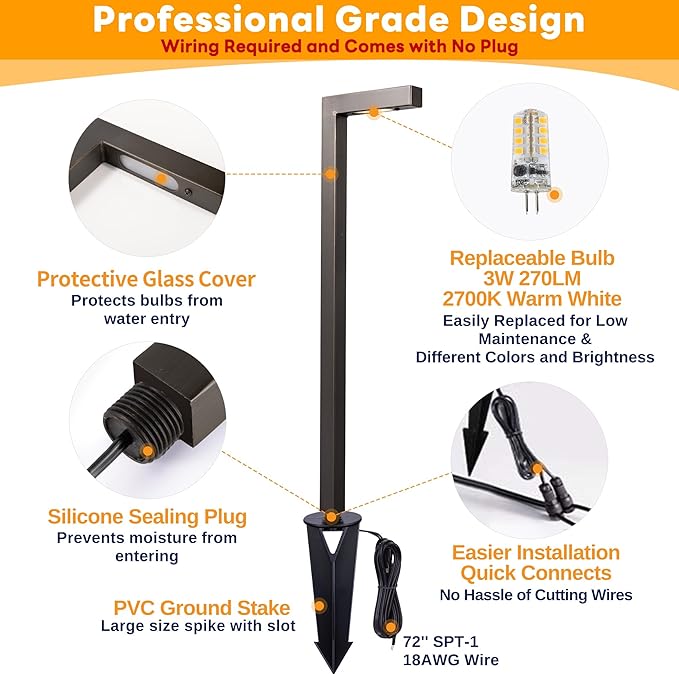 Brass Landscape Path Lights, LED 12V Low Voltage Pathway Lights Wired, Modern Outdoor Garden Lights Waterproof, L Shape Bronze for Patio Lawn with 3W 270LM 2700K G4 Bulb 10 Pack