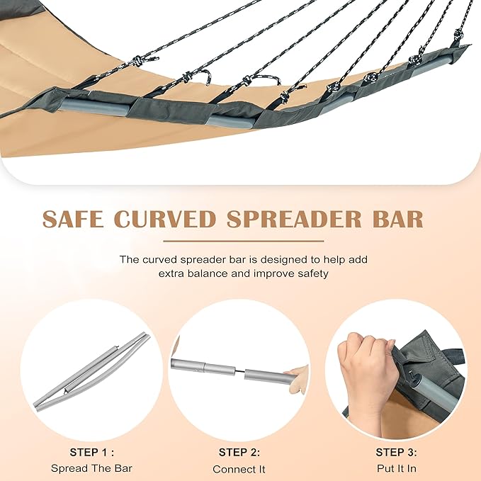 Lazy Daze Hammocks 12 FT Quilted Fabric Hammock with Curved Aluminium Spreaders Bar, Outside Double Thickened Hammock with Soft Pillow, Side Pocket 450 Lbs Capacity for Patio, Poolside, Khaki