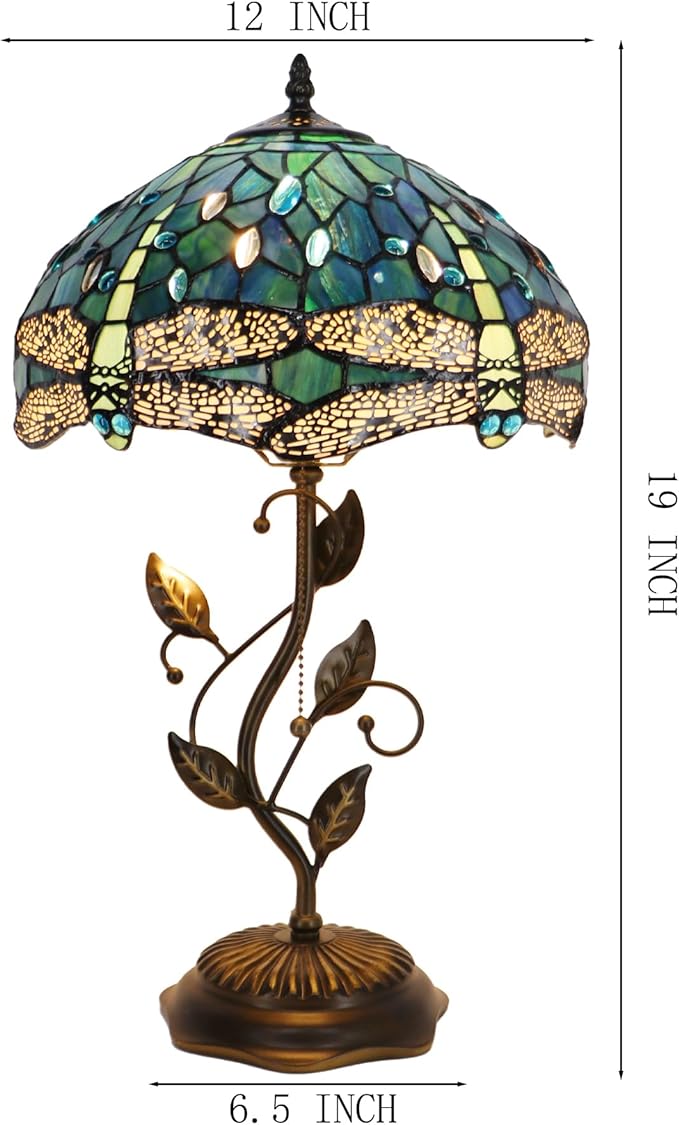 Tiffany Table Lamp, Stained Glass Desk Light, W12H19 Inch, Metal Leaf Base (Dragonfly Style)