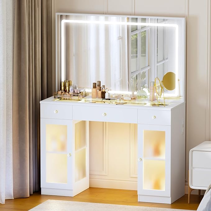 Pamapic Makeup Vanity with Lighted Mirror, Glass Top Vanity Desk with Power Outlet, 3-Drawer White Vanity, Makeup Table with 3 Color Modes Adjustment