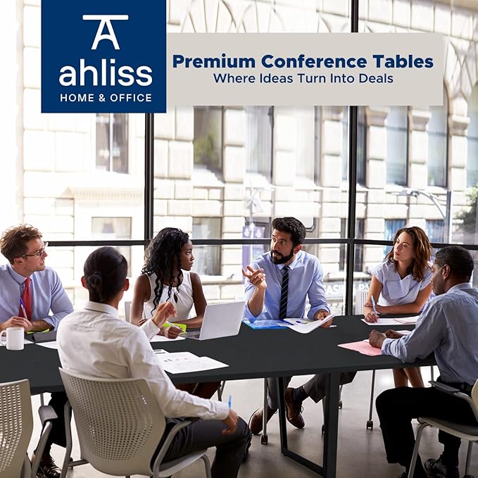 Sturdy Conference Table with Cable Management Grommets Modern Rectangle Office Meeting Table with Wood Tabletop and Metal Frame & Legs- Easy Assembly Boardroom Table (Black, 12 Foot)