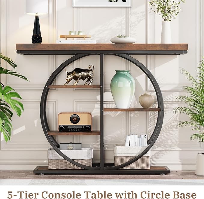 41.3" Console Table for Entryway, Industrial Hallway Sofa Table with Storage Shelves, Narrow Accent Decor Living Room Furniture with Circle Base for Foyer, Entrance, Rustic Brown