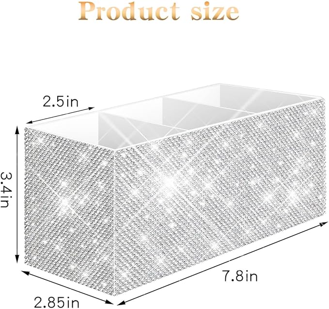 Bling Makeup Brush Holder Organizer, 3 Slot Sparkle Cosmetics Brushes Storage Holders with Shiny Crystal Rhinestones, Glitter Cute Pen and Pencil Holder for Desk, Eyeliners Display Case for Vanity