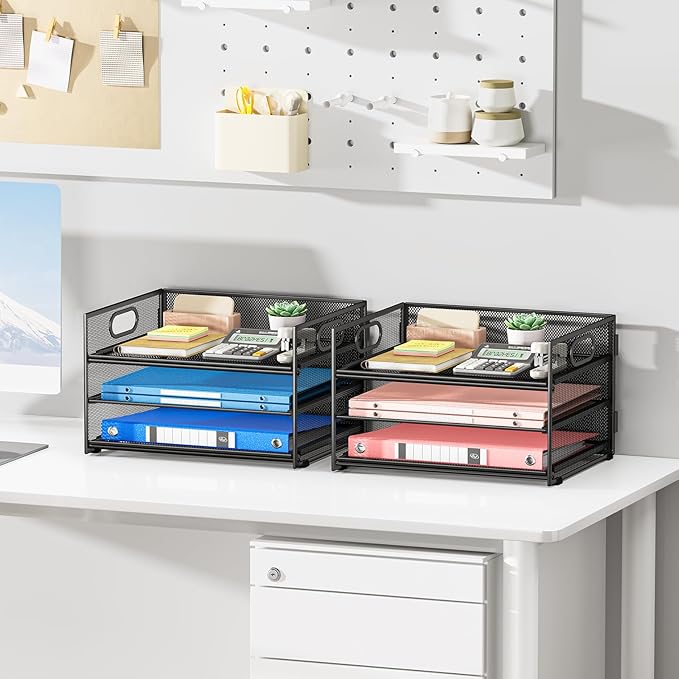 Subekyu 2-Pack 3-Tier Paper Letter Tray Organizer for Desk, Black Metal Mesh File Sorter Organizer with Handle and 1 PC Sliding Tray for Home Office School Desk Supplies Organization Storage