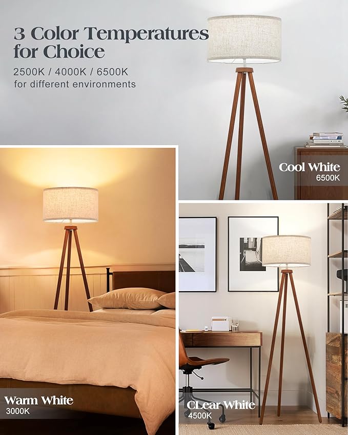 ELYONA Wood Tripod Floor Lamps for Bedroom, Vintage Standing Light 3 Color Temperatures LED Bulb Included & Beige Linen Shade, Tall Floor Lamp for Living Room Office Study Room, Brown & Nickel Metal