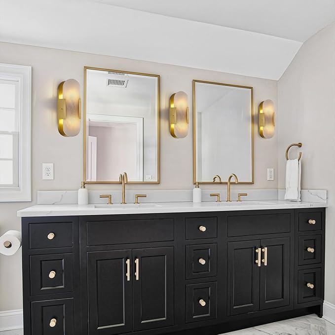 13.8 in Brass Alabaster Wall Sconces, Natural Marble Wall Sconces Set of Two Indoor Alabaster Sconces for Living Room Modern Alabaster Sconces Wall Lighting for Dining Room Stairs Bedroom