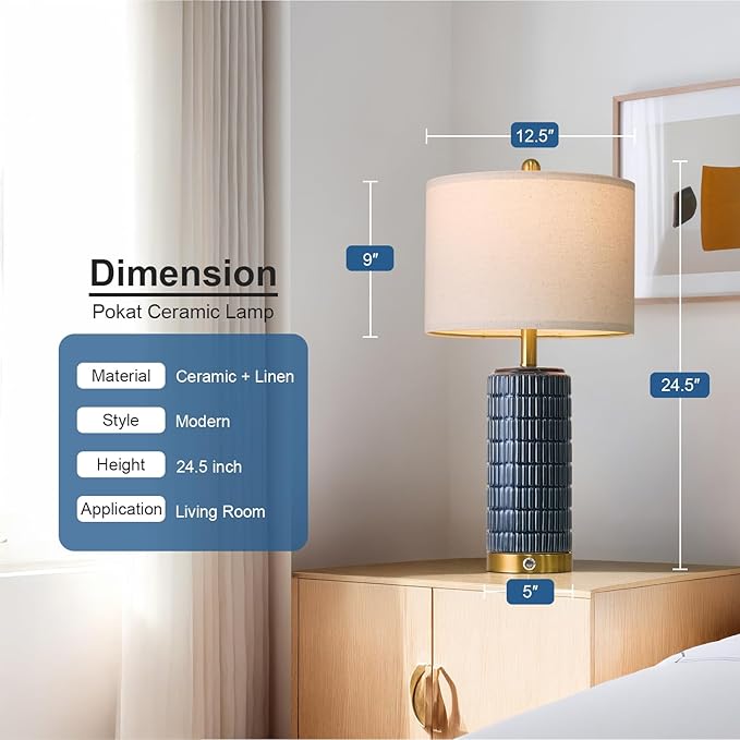 PoKat Touch Bedside Table Lamps with USB Ports for Bedroom, 25'' Dimmable Nightstand Touch Lamps for Living Room, Blue Ceramic Lamps with Gold Base for Night Stands Bedroom, Nursery, Dark Blue
