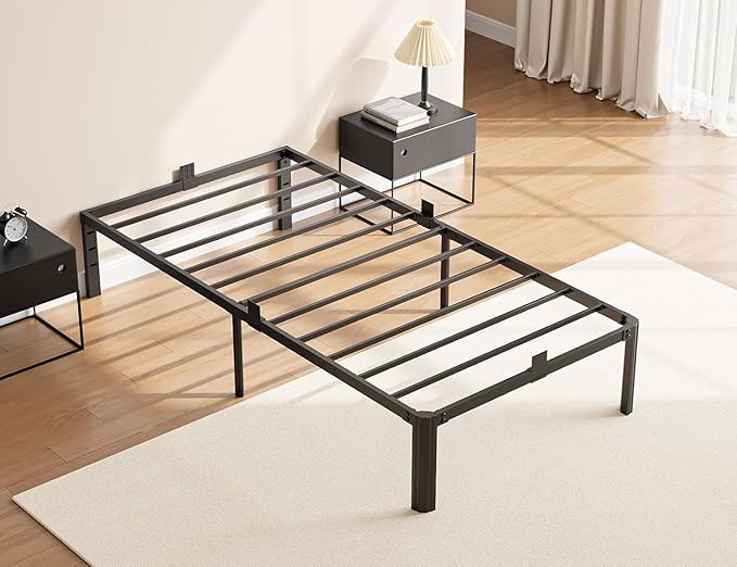 14 Inch Metal Bed Frame Twin Size, Heavy Duty Balck Platform Twin Bed Frames with Round Corner Legs, Mattress Slide Stopper, No Box Spring Needed, Easy Assembly