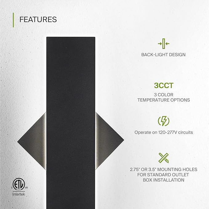 ASD LED 18" Long Wall Mount Light Fixture, Outdoor & Indoor Linear Sconce | 3CCT, Dimmable, Waterproof, Anti-Rust, ETL Listed | 18W 1200LM 3000-5000K 100-277V | Exterior Porch Lighting | Black