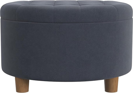 HomePop Home Decor | Button Tufted Velvet Round Storage Ottoman | Ottoman with Storage for Living Room & Bedroom, Steel Blue Velvet