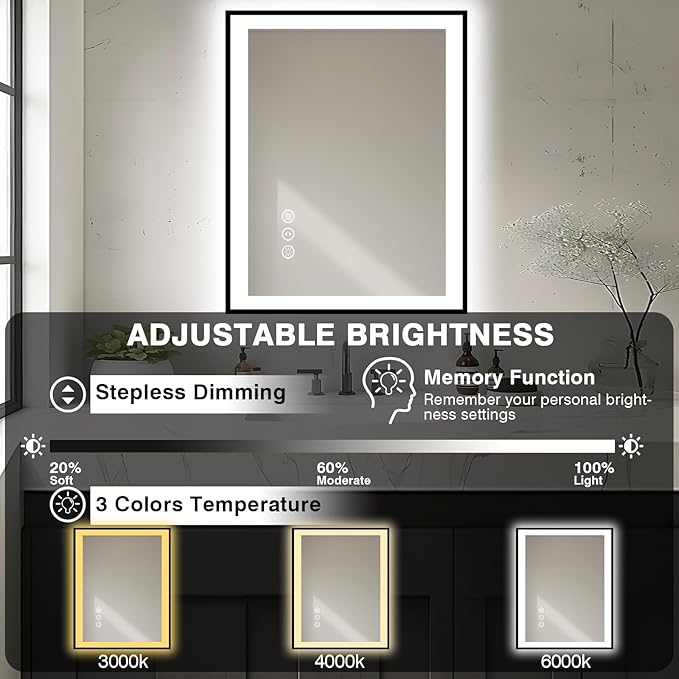 28x32 LED Bathroom Mirror - Black Aluminum Framed, Front and Backlit Mirror,Anti-Fog Framed Bathroom Vanity Mirror,Stepless Dimmable Lighted Mirror,3 Colors Smart Mirror(Horizontal/Vertical)