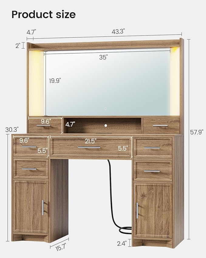 AOGLLATI Vanity Desk with Mirror and Lights, Makeup Vanity Desk with Lights, Large Mirror with Charging Station and 3 Color Lightbox, Vanity Table with 7 Drawers for Bedroom, Brown