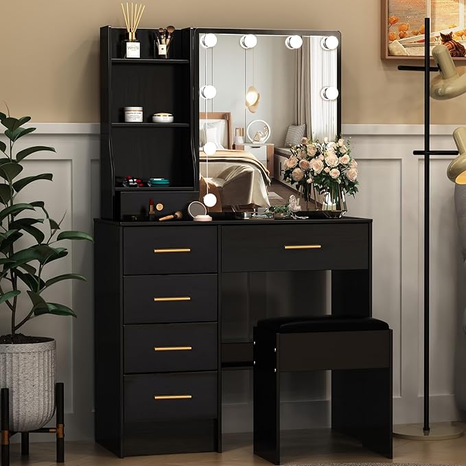 Vanity Desk with Sliding Mirror and Lights, Small Makeup Vanity Table Set with Chair and Drawers, Black Vanity with Lighted Mirror for Bedroom, Dressing Table for Teen Girls and Women