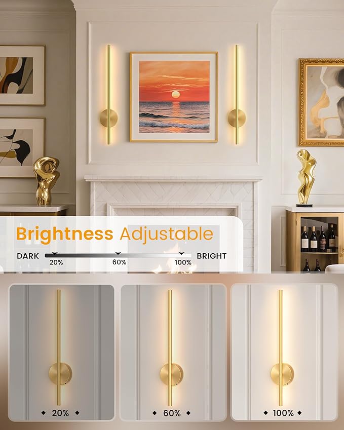 NIORSUN 27.6 Inch Battery Operated Wall Sconce Set of 2, Gold Minimalism Rechargeable Wall Lights with Remote, 3CCT Dimmable Wireless Wall Lamp for Living Room Bedroom Hallway