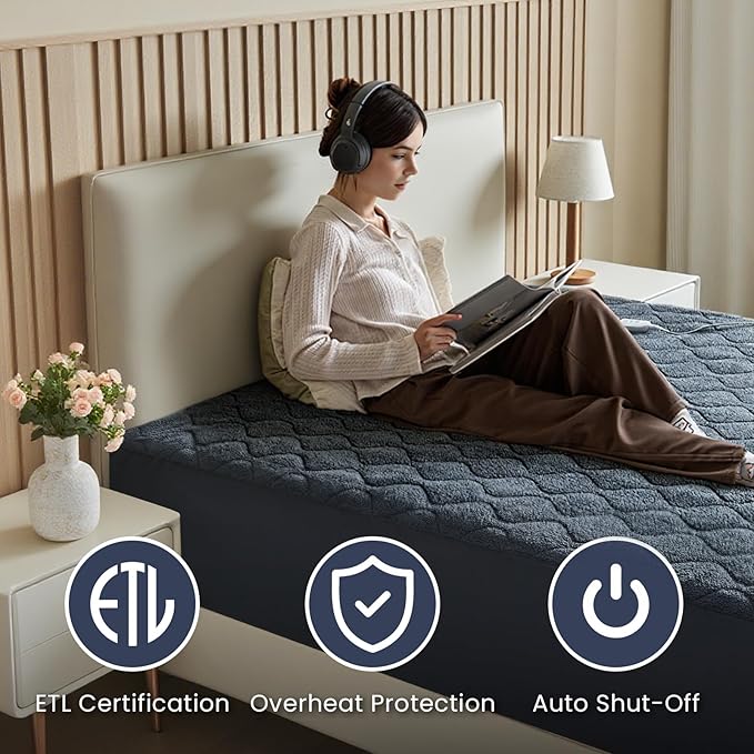 Twin Size Heated Mattress Pad Sherpa Electric Mattress Pads Electric Bed Warmer Fit up to 21" with 6 Heat Settings 10 Hours Auto Shut Off, Dark Gray