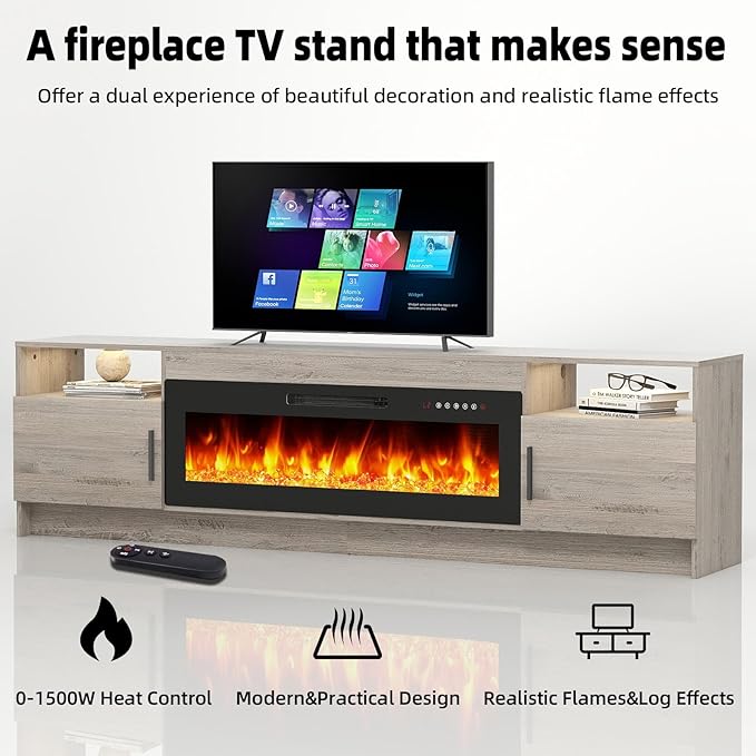 Ludatido 80 Inch TV Stand with 42 inch Electric Fireplace 27 LED Light Entertainment Center for TVs Up to 90" Black Modern Wood Media TV Console with Highlight Cabinet for Living Room Black