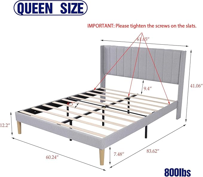 Upholstered Platform Queen Size Bed Frame with Headboard Wooden Slats Support No Noise Easy Assembly Light Grey Linen