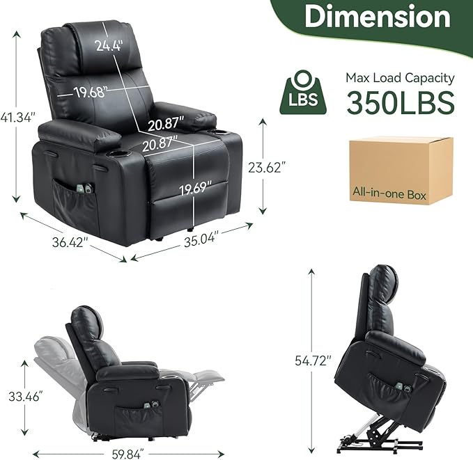 Power Lift Recliner Chair for Elderly with Heat & Massage, 160° Electric Adjustable PU Leather Recliner with Remote Control, Stand Assist, Cup Holders & Side Pockets for Living Room (Black)