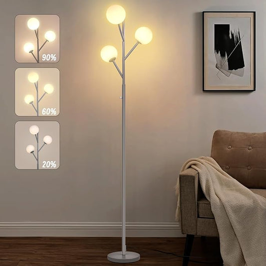 Dimmable 3-Globe Mid Century Modern Floor Lamp, Bulbs Included,70in Tall Silver Standing Floor Lamp with Frosted Glass Shade for Living Room,Office Bedroom, Study Room, Hotel, (dimmer-Silver)