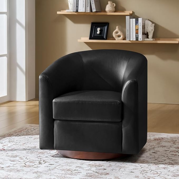 HULALA HOME Faux Leather Swivel Accent Chair with Solid Wood Base, Round Swivel Barrel Chair for Living Room and Bedroom, Black