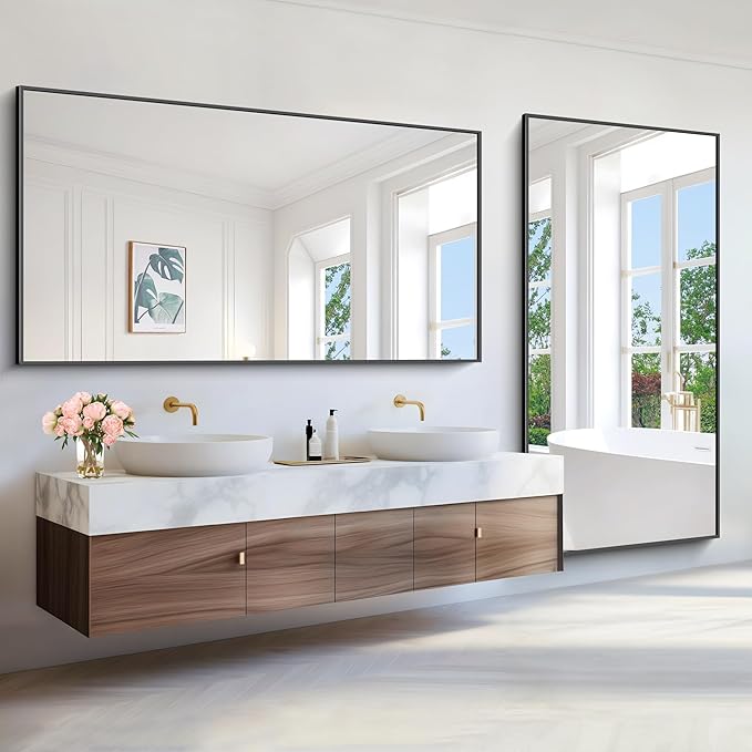 BONEWEI Bathroom Mirror,72x36 inch Bathroom Mirrors for Over Sink,Large Wall Mirror for Bathroom Wall Mounted Rectangle Mirrors,Black Vanity Mirror for Living Room,Bedroom Entryway,Horizontal/Vertical