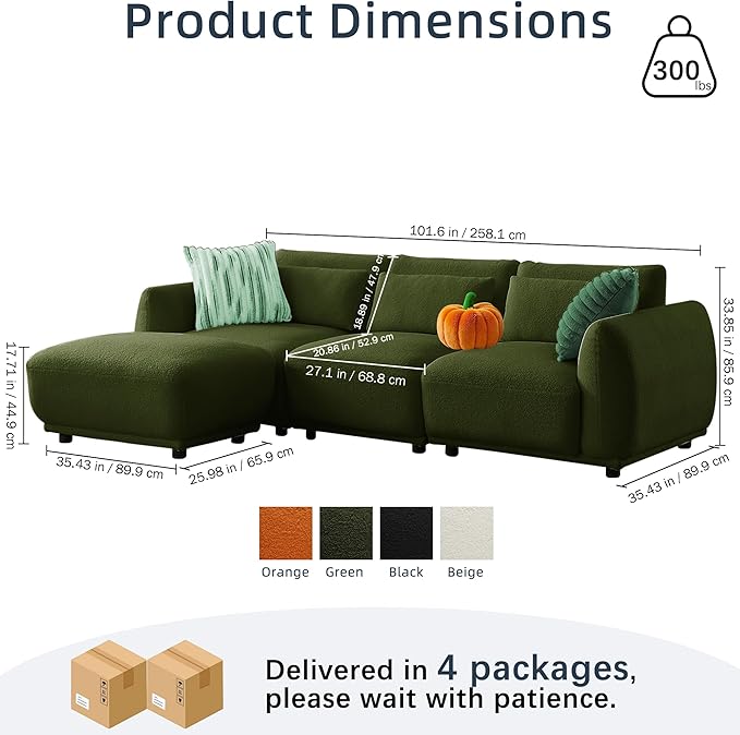 Sectional Sofa Couch, Modern Convertible U Shaped Sectional Couch with Ottoman, Modular Sectional Sofa Cloud Couches for Living Room (Green, 3 Set + 1 Ottoman)