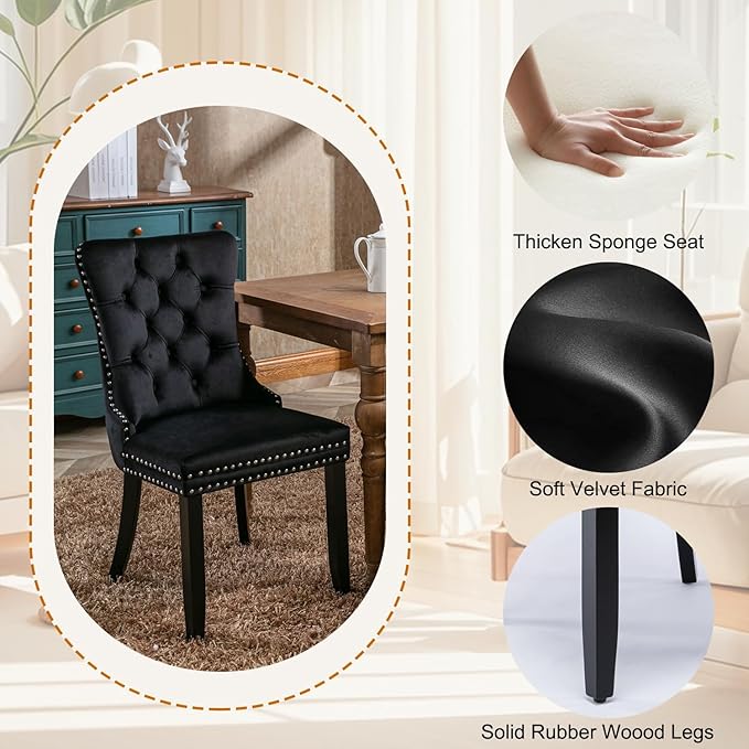 3-Piece Faux Marble Round Dining Table Set for 2, Modern Luxury Kitchen Table Set for 2 with Black Tufted Chairs,Circle Dining Tables with White Marble Grain Top and Black Pedestal Base