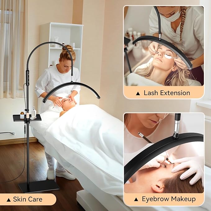 Lash Light for Eyelash Tech, Led Half Moon Light Floor Lamp for Eyelash Extensions, Tattoo, Esthetician Artists, Nail Art, Skincare, Adjustable Height, Dimmable Brightness, with Movable Tray