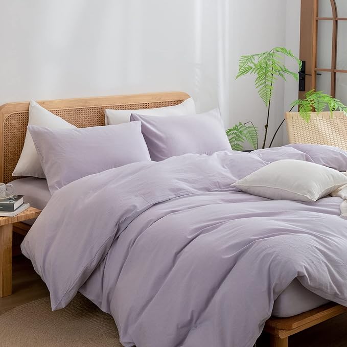 BESTOUCH Duvet Cover Set 100% Washed Cotton Linen Feel Super Soft Comfortable Chic Lightweight 3 PCs Home Bedding Set Solid Taro Purple Oversized King