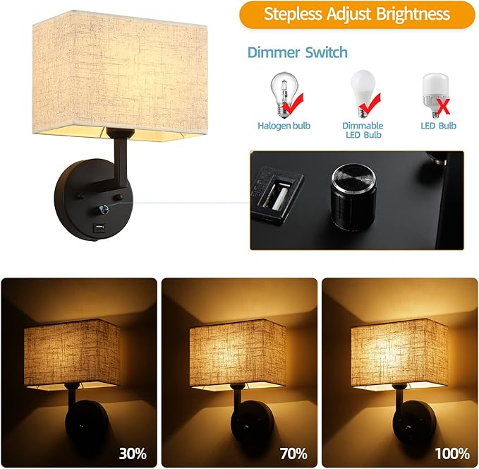 Plug in Wall Sconce with Dimmer Switch and USB Port，9.5“Rectangular Linen Fabric Shade，Bedside Wall Lamp Matte Black Finish，Wall Lamp Perfect for Bedroom, Living Room and Hotel. E26 Base