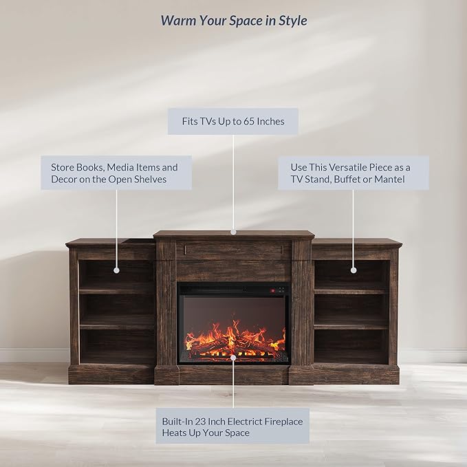 BELLEZE Modern 66" Electric Fireplace Heater Mantel TV Stand & Media Entertainment Center for TVs up to 66" with Energy-Efficient Heater with Sound and Side Shelves - Lenore (Brown)