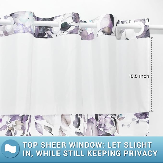 No Hook Shower Curtain with Snap in Liner - Eucalyptus Shower Curtain - Washable Waterproof Inner Liner, Plants Plum Leaves Modern Shower Curtains - Machine Washable, 71 x 74