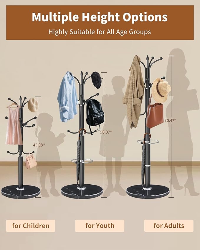 Metal Coat Rack with Natural Marble Base, Coat Rack Stand with 12 Hooks & Umbrella Holder, Black Modern Freestanging Coat Racks, Coat Jacket Hanger Tree Stand for Corner Entryway Office