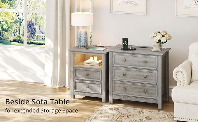 LGHM Set of 2 Nightstand with Charger Station Strip Lights, 20" W Large Night Stand with 2 Drawers, Accent Bed Side Table and End Table, Large Open Cubby, Stable Thick Wood Legs, Timeless Look,Gray