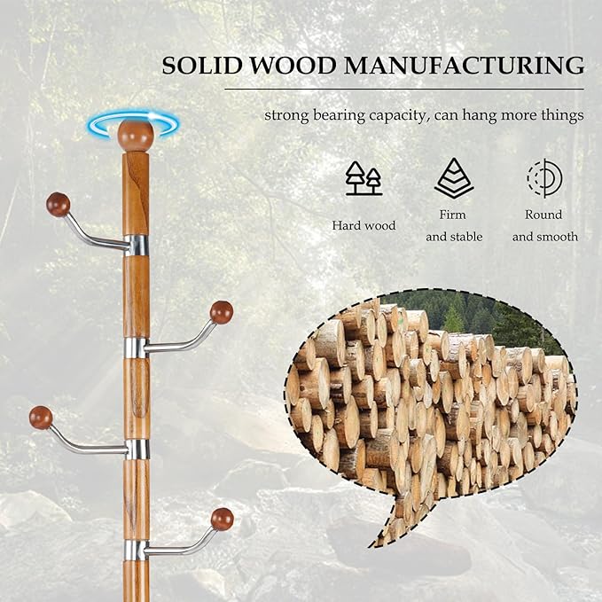 Wood Coat Rack Freestanding, Natural Coats Tree Stand with 14 Hooks, 73" Sturdy and Easy Assembly Coat Rack Stand for Entryway, Hallway, Bedroom, Bags, Hats (Metal Disc Base, Swivel Hook)