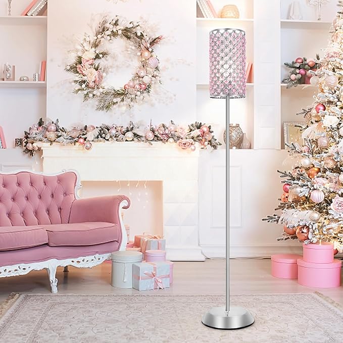 Crystal Floor Lamp for Bedroom, Living Room Pink Floor Lamps Modern Tall Lamp with On/Off Foot Switch Glam Standing Light for Girls Bedroom Minimalism Pole Corner Lamp for Office Dorm Hotel