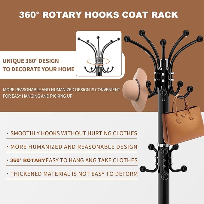 Modern Metal Coat Rack Stand, Coat Rack Freestanding with Natural Marble Base, 360°Rotary Design Sturdy Coat Racks with 16 Hooks, White Coat Hall Tree Stand for Entryway (Black)
