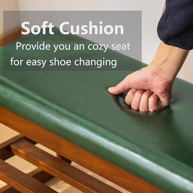SOBIBO Solid Wood Shoe Bench, 2-Tier Entryway Bench with Cushion and Flip-Open Storage Box, Mid-Century Modern Shoe Bench Rack for Hallway, Mudroom(Green, 21.65'')