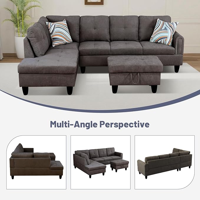 L-Shape 3-Piece Cloud Sofa, Couch for Living Room, Dark Brown Fluffy Fabric L-Shape with Reversible Chaise & Storage Ottoman, Ergonomic 110–115° Recline, Solid-Wood Frame