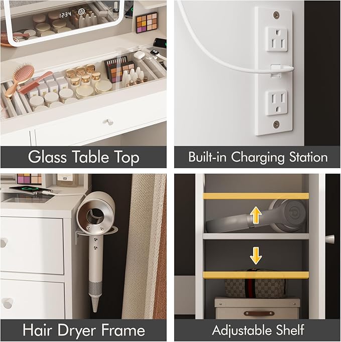 White Vanity Desk with LED Mirror,Makeup Vanity with Charging Station & RGB Lights,5 Drawers 4 Shelves Makeup Desk Vanity Table Stool Set with Glass Table Top & Time Display Lights, White